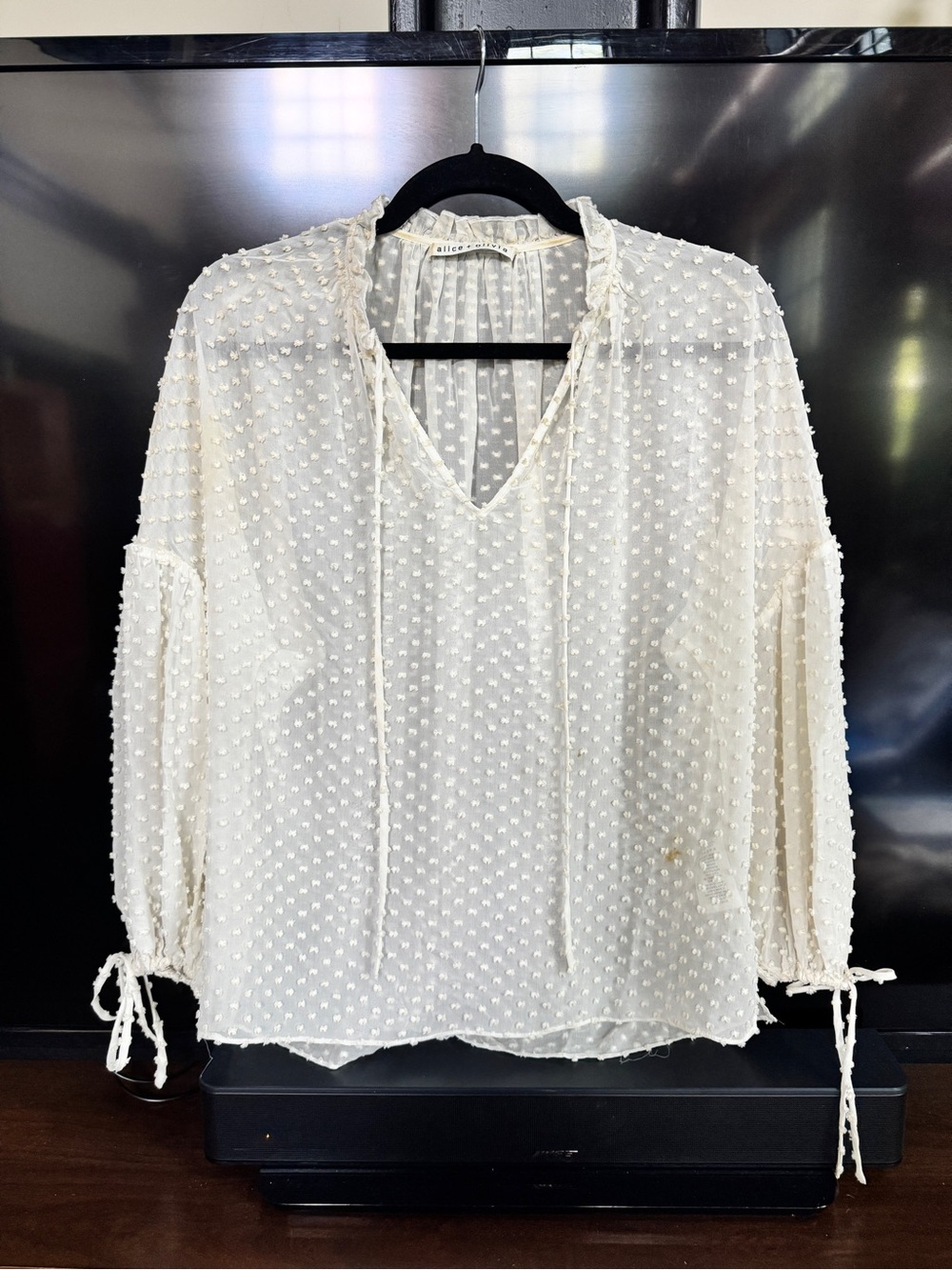 Alice + Olivia Cream Swiss Dot Peasant Blouse
